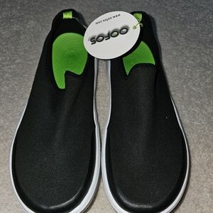 OOFOS Black and Neon Green Slip-On Shoes
